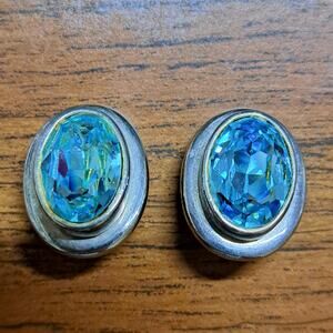 Silver Created Blue Topaz Clip Earrings  Tested unsigned